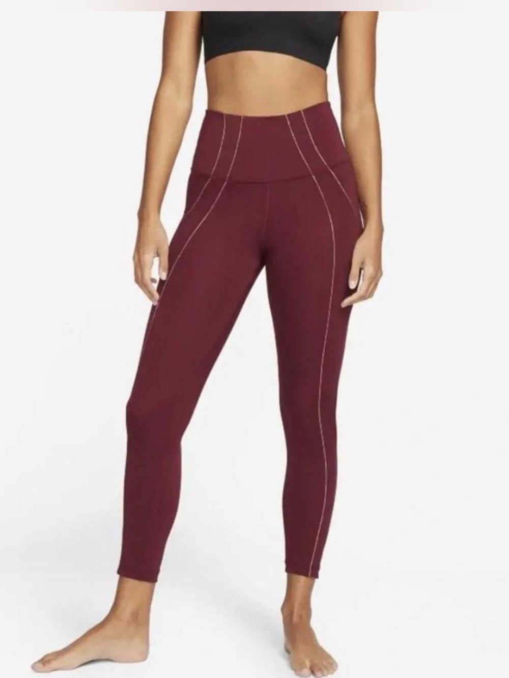 NWOT Nike Yoga Dri-Fit Leggings Small Maroon Red Rose Gold Detail